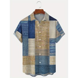 Retro Geometric Pattern Men's Casual Short Sleeve Lapel Shirt for Summer Outdoor - Retro Carpet Texture