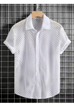 Men's Solid Hollow Out Lapel Short Sleeve Button Up Shirt For Summer Beach Party, Vacation