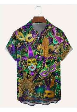 Mardi Gras Themed Novelty Pattern Men's Fashion Short Sleeve Lapel Shirt, Summer Party Dress, Gift For Men