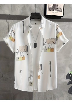 Stylish Pattern Men's Casual Daily Short Sleeve Button Up Shirt, Summer Holiday