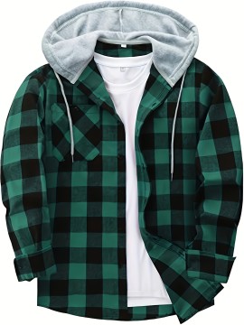 Men's Plaid Hooded Shirt Jacket with Chest Pocket - Casual Fall Winter Outwear