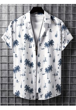Men's Hawaiian Shirt - Coconut Tree Sailboat Print, Trendy & Comfy Short Sleeve Button Up for Summer Beach Vacations