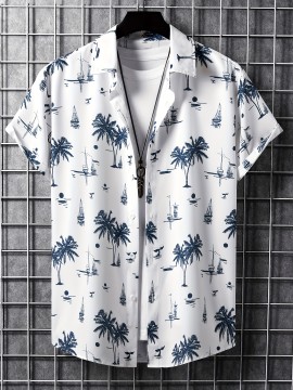 Men's Hawaiian Shirt - Coconut Tree Sailboat Print, Trendy & Comfy Short Sleeve Button Up for Summer Beach Vacations