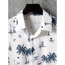 Men's Hawaiian Shirt - Coconut Tree Sailboat Print, Trendy & Comfy Short Sleeve Button Up for Summer Beach Vacations