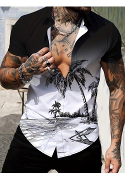 Anime Beach Pattern Men's Chic Gradient Short Sleeve Button Down Shirt, Summer Resort Vacation