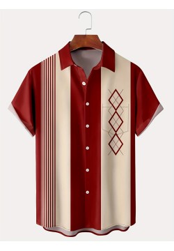 Vintage Style Geometric Print Men's Casual Short Sleeve Shirt - Perfect for Summer Vacation and Resort - Great Gift for Men