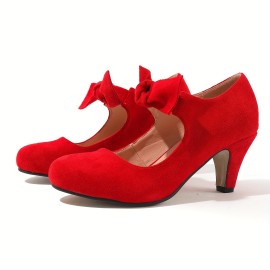 Women's Bowknot Decor Chunky Heels, Fashion Slip On Outdoor Pumps, All-Match Dress Shoes