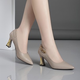 Women's Chain Decor Block Heels, Elegant Point Toe Dress Pumps, Women's Fashion Slip On Heels