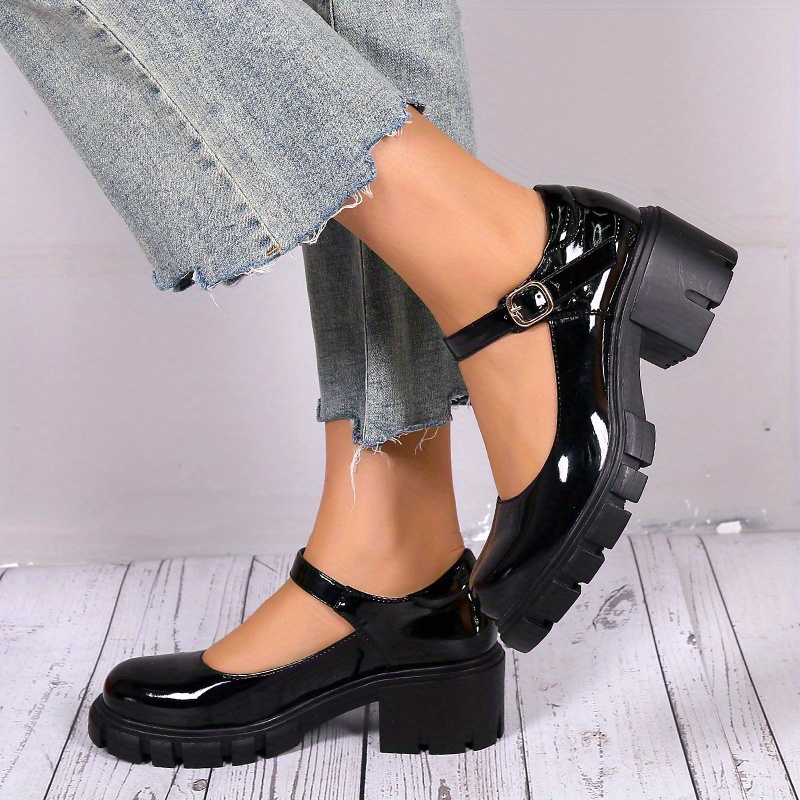 womens chunky heel shoes solid color round toe buckle strap patent leather shoes versatile dress mid heels details 5